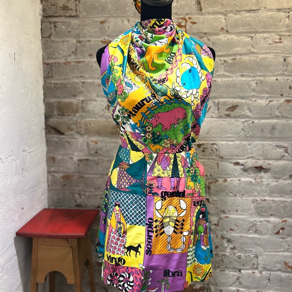 60’s Vibrant Multicolor Zodiac Print Halter Dress
